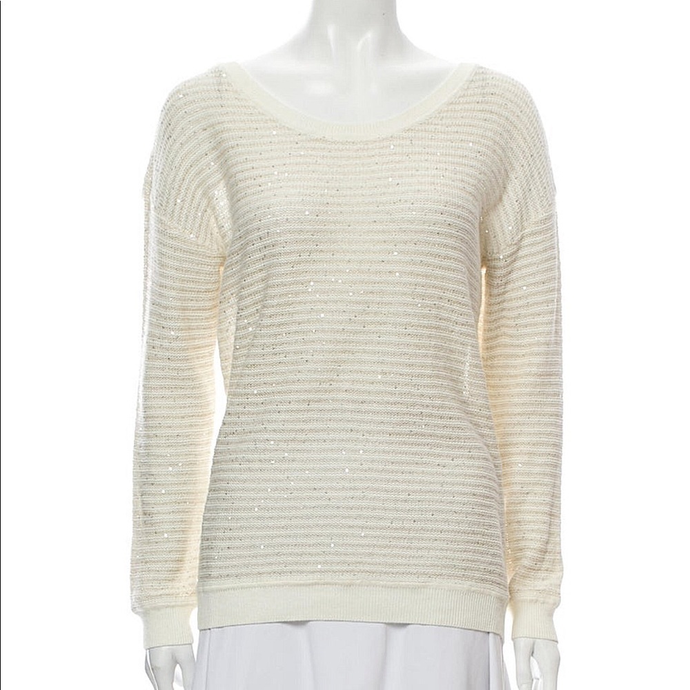 SANDRO Paris Ivory Sequin Scoop Neck Sweater SZ S
